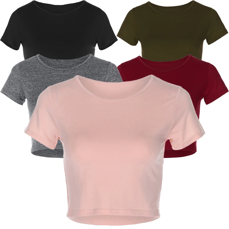 

New Women's Casual Girl Round Neck Bottom Short sleeved Shirt Women's High Elastic Cutting Top 5 Colors