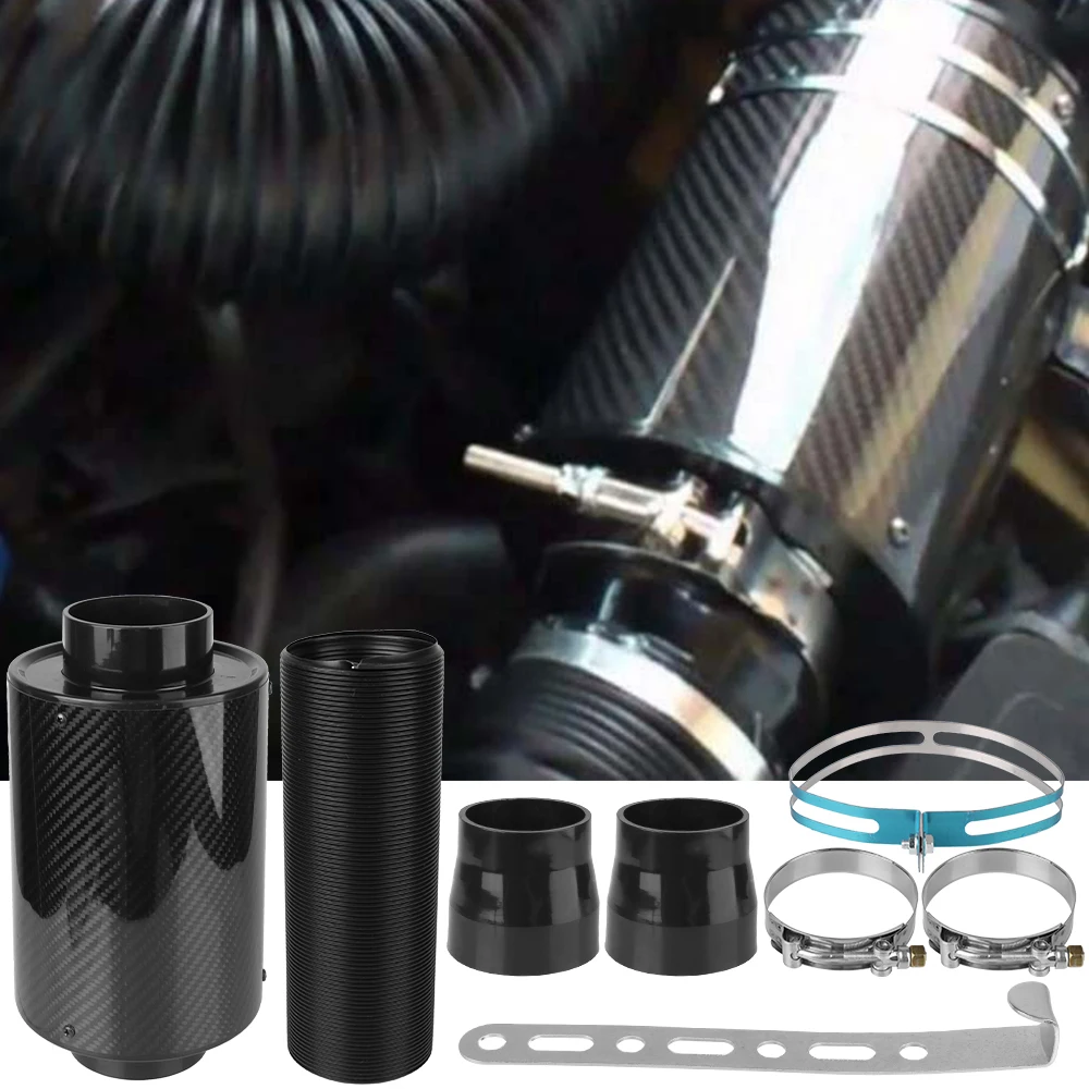 Car Carbon Fibre Cold Air Filter Feed Enclosed Intake Induction Fiber Intake Filter Box Universal 1 Set Pipe Hose Kit