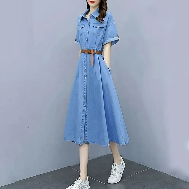 Denim Shirt Dress | Slim Short Sleeve A-line jeans shirt Dress