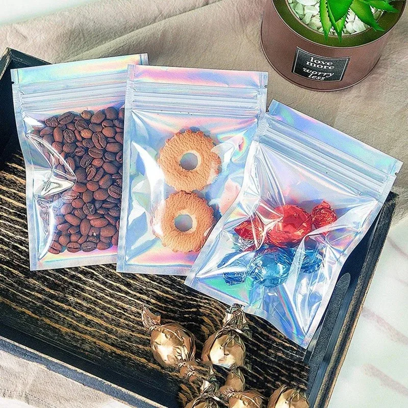 Thick Smell Proof Mylar Bags Holographic Laser Color Plastic Packaging Pouch Jewelry Retail Storage Pouch Gift Zip Lock Bag 50pcs mylar bags