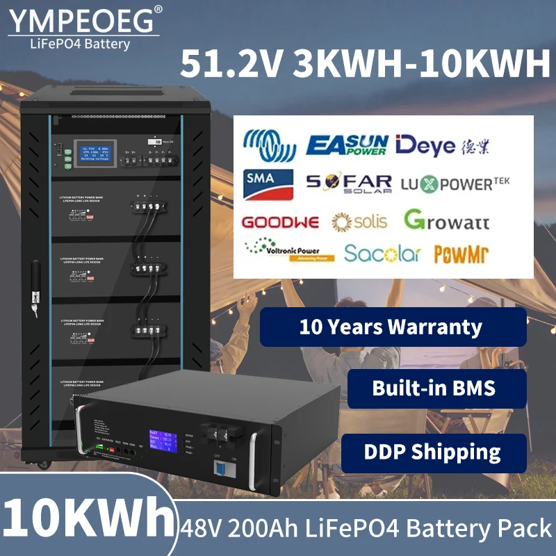 

100% Full Capacity 48V 200Ah LiFePO4 Battery Pack 51.2V 10KWh Brand New Grade A Built-in BMS 8000 Cycles Lithium Ion Solar Power