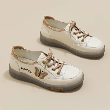 Ladies Large Size Genuine Leather Loafers Spring Summer New Lace-up White Casual Shoes Fashion Soft Sole Flat Women's Sneakers 6