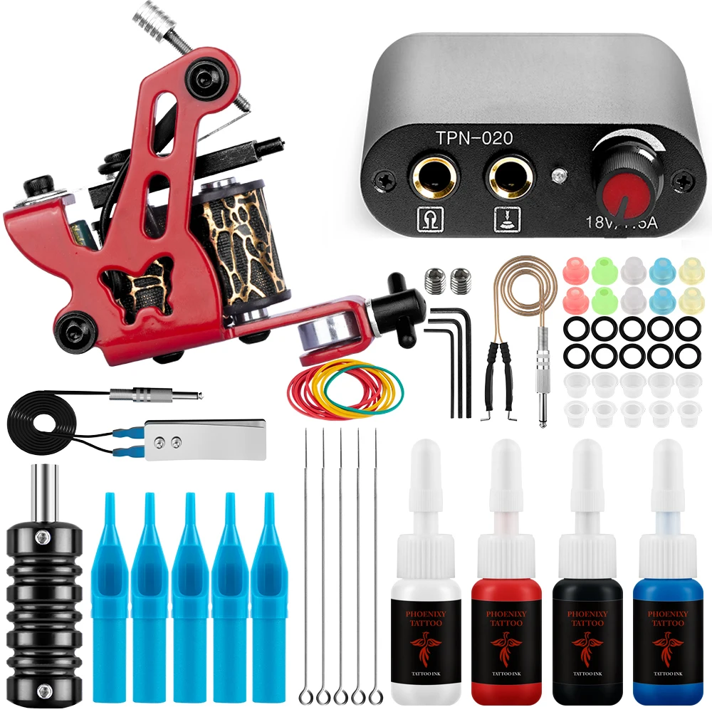 Phoenixy Beginner Tattoo Machine Gun Kit Tattoo Machine Power Supply Permanent Tattoo Inks Needles Complete Tattoo Body Art Kit new multi color wifi coffee latte diy printer milkshake beer printing machine edible inks printer for drinks