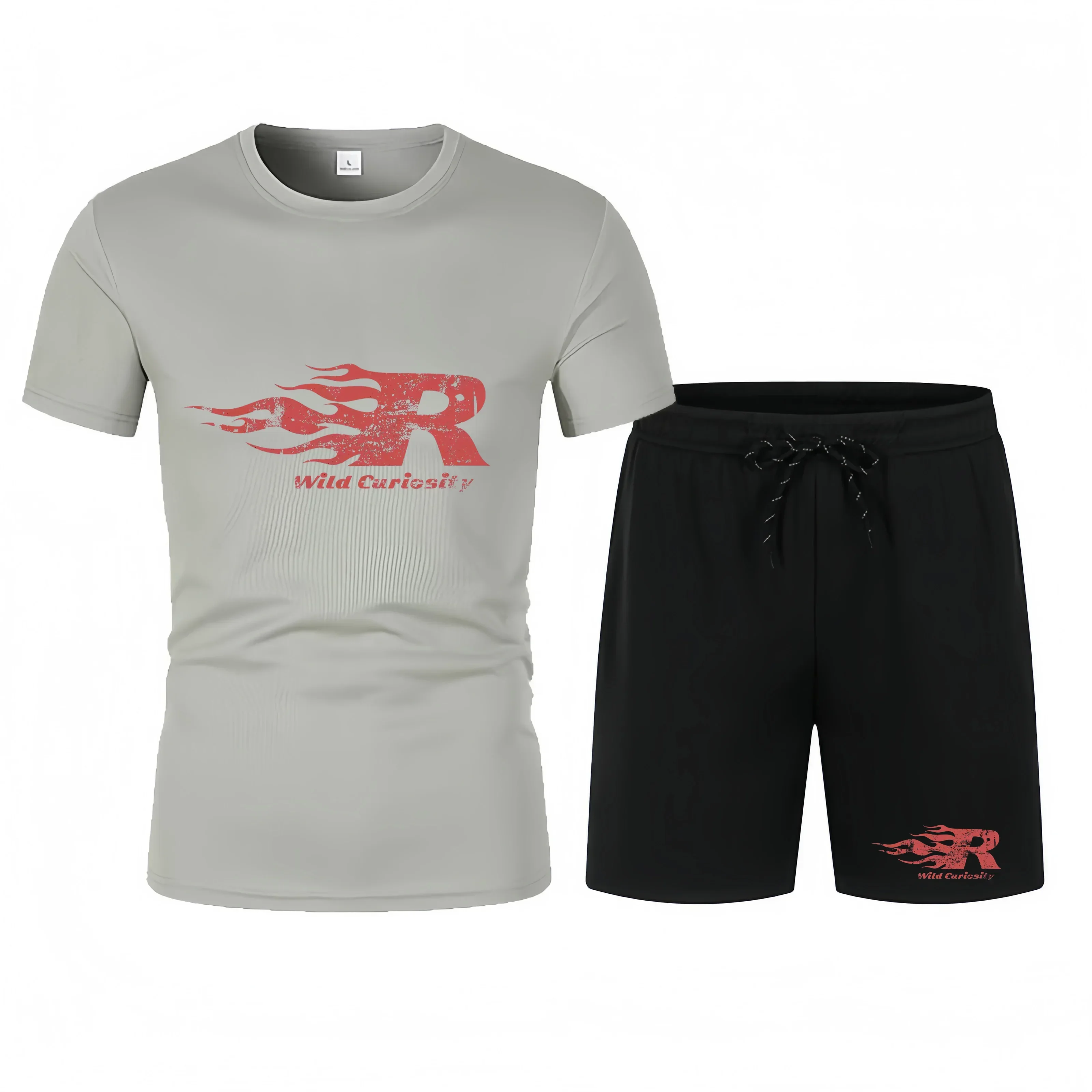 Gray t-shirt and black shorts set with red logo and text on a white background