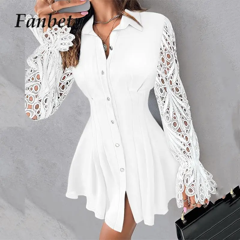 

Sexy See-through Mesh Pleated Mini Dress Elegant Women Lace Single Breasted A-line Dress 2024 Chic Long Sleeve Lapel Party Dress