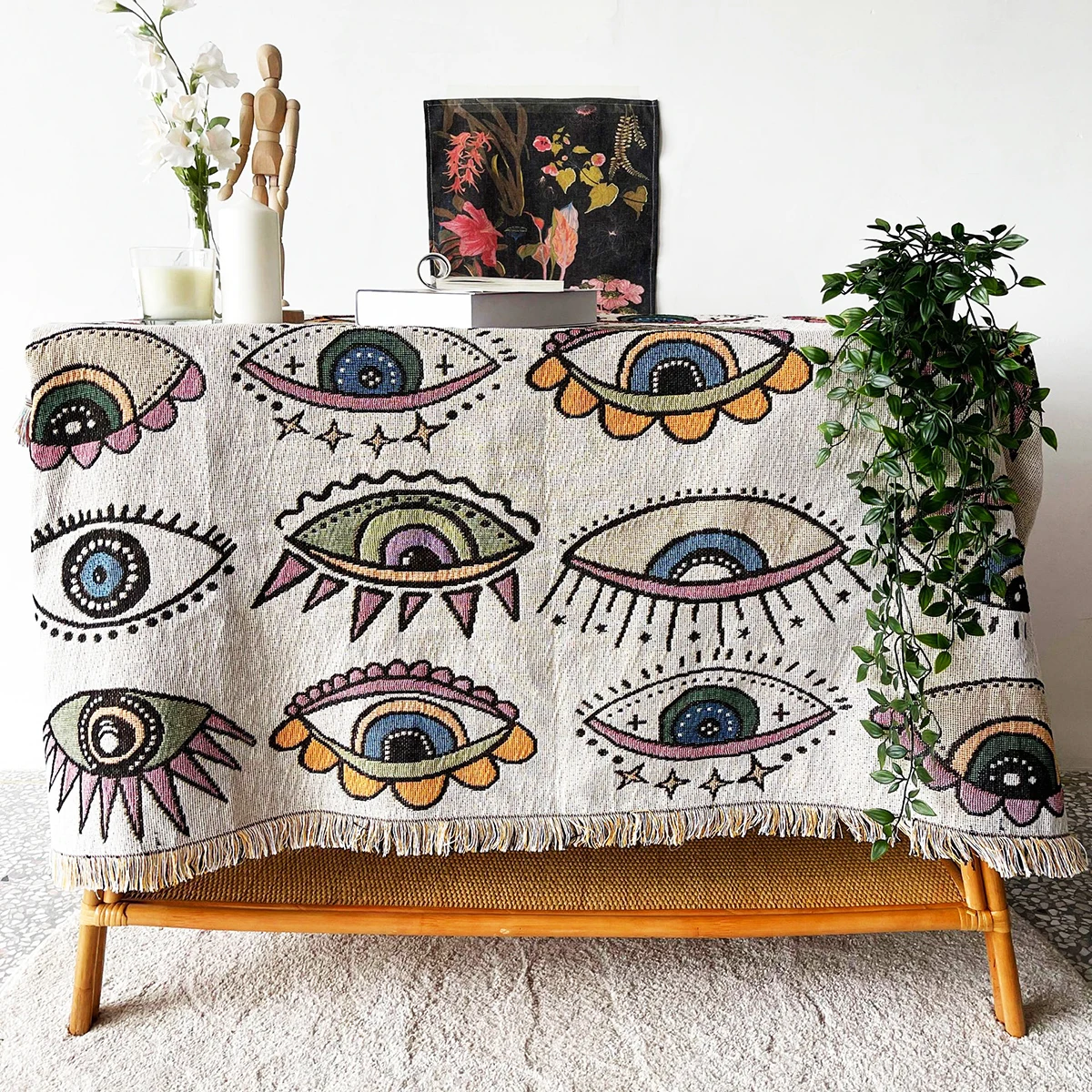 Yaapeet Evil Eyes Throw Blanket Knitted Cotton Sofa Cover Demon Eye Weighted Tapestry Bohemian Tassel Boho Wall Decor Picnic Rug | Дом и сад