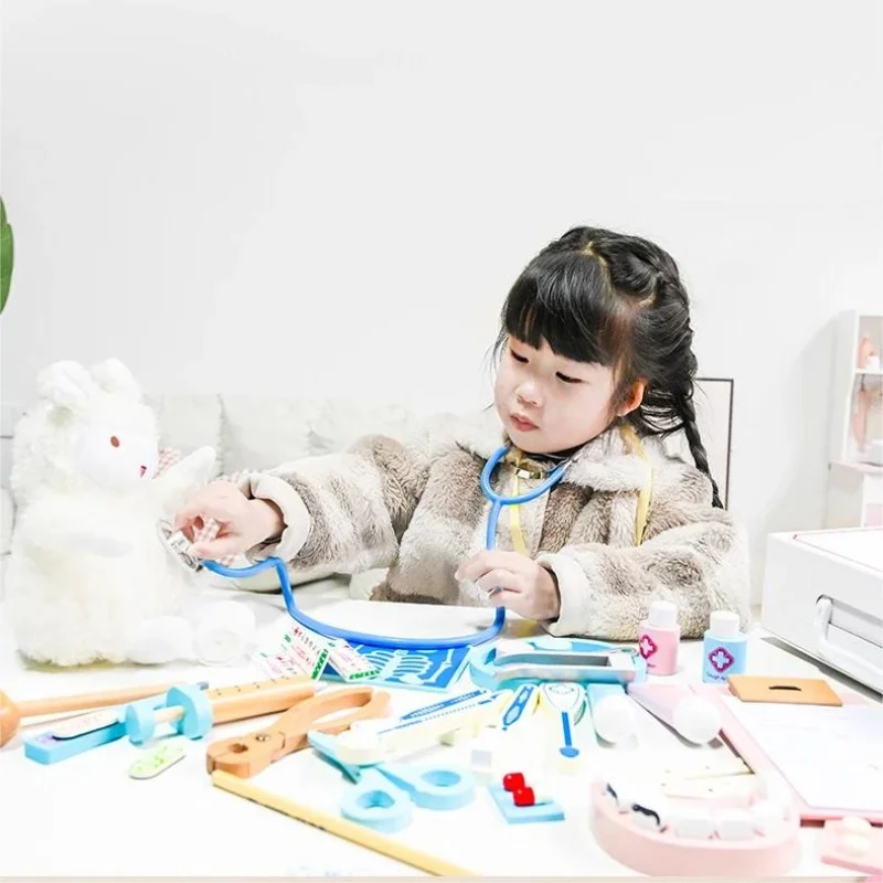 Wooden Pretend Play Doctor Toys For Kids Veterinarian Role-playing Medical Educational Toy Simulation Medicine Chest Set Gift 6