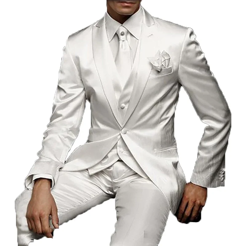 

Shinny Men Suits White Gentlemen Wedding Slim Fit Regular Length Peak Lapel Single Breasted Formal Event 3 Pcs Jacket Pants Vest