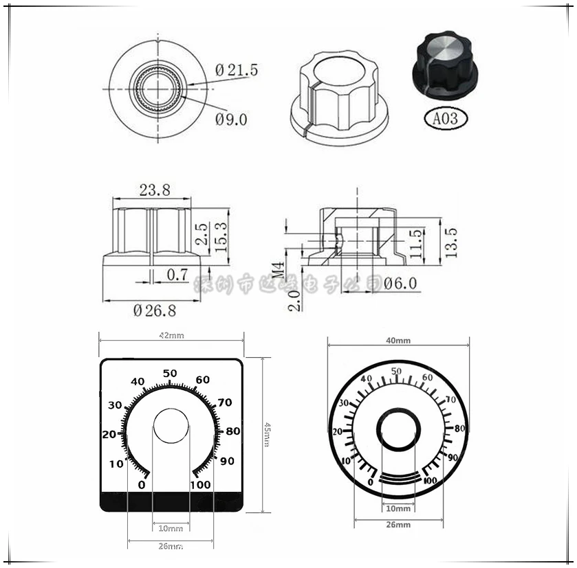 1PCS A03 베이클라이트 손잡이 MF-A03 손잡이 + 전위차계 스케일 및 디지털 스케일 6MM가있는 다이얼 스케일