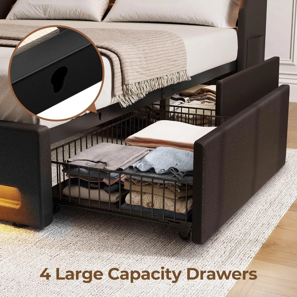 Queen Bed Frame with LED Lights and Charging Station, PU Leather Bed with Drawers, Wooden Slats, Noise Free,  Bed Frame 5