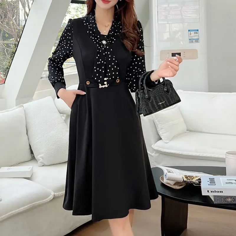 Fashion Lace Up Bow Beading Polka Dot Fake Two Pieces Midi Dress Women  Clothing 2024 Autumn New Loose Office Lady Ladies Dresses - AliExpress  200000345