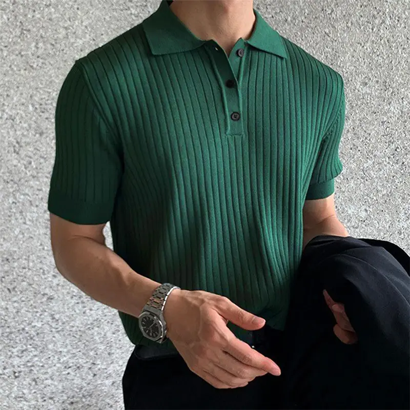 Summer Men's Clothing Retro Knit Lapel Striped Polo Shirt Solid Color Short Sleeve Fashion Light Luxury Popular Knitwear M-3XL - Image 8