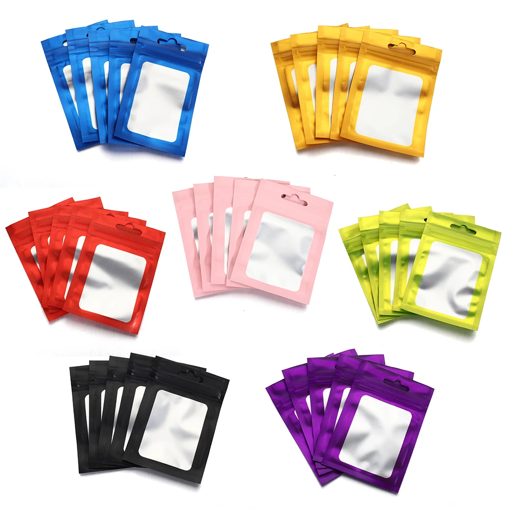 50pcs Colorful Self Seal Zipper Plastic Bags Mylar Bagwith Clear Window for DIY Jewelry Display Reusable Ziplock Hanging Pouches 50pcs reusable mylar bags ziplock hang bags with clear window for jewelry display packaging self sealing food storage supplies