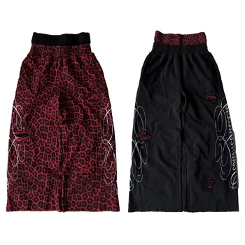 Y2K Leopard Print Double Waist Casual Pants Vintage Hole Design Trendy Rhinestone Men Women Loose Streetwear Straight Leg Pants