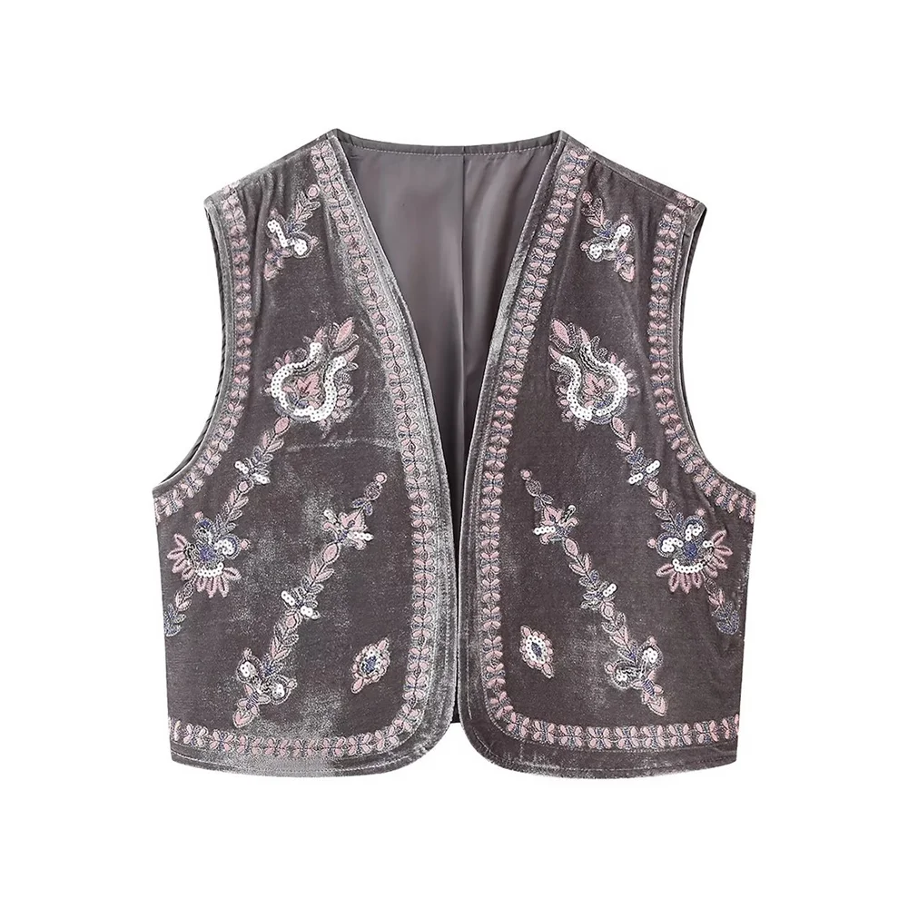 Winter New Women's Casual Loose Retro Short Beaded Embroidered Velvet V-Neck Vest_voghion.com