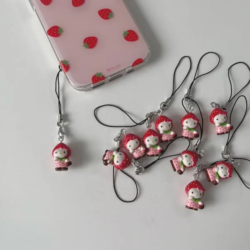 iigen Sanrio 귀여운 딸기 헬로 키티 휴대 전화 스트랩 재미 있은 DIY 배낭 펜던트 열쇠 고리 장식 생일 선물