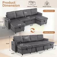 102" Plush Corduroy Sleeper Sofa Bed with Storage Chaise Sectional Couch,Pull Out U Shaped Bed with USB Ports for Living Room 2
