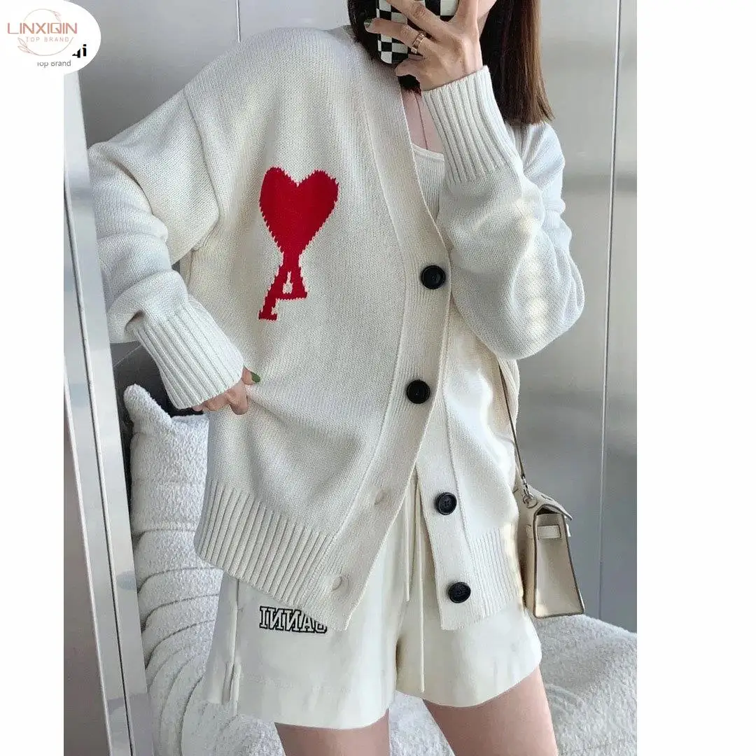 

LINXIQ Korean Style Embroidered Sweater Women Fashion Casual Cardigan Ladies Loose Long Sleeve V-neck White Teen Knitwear Female