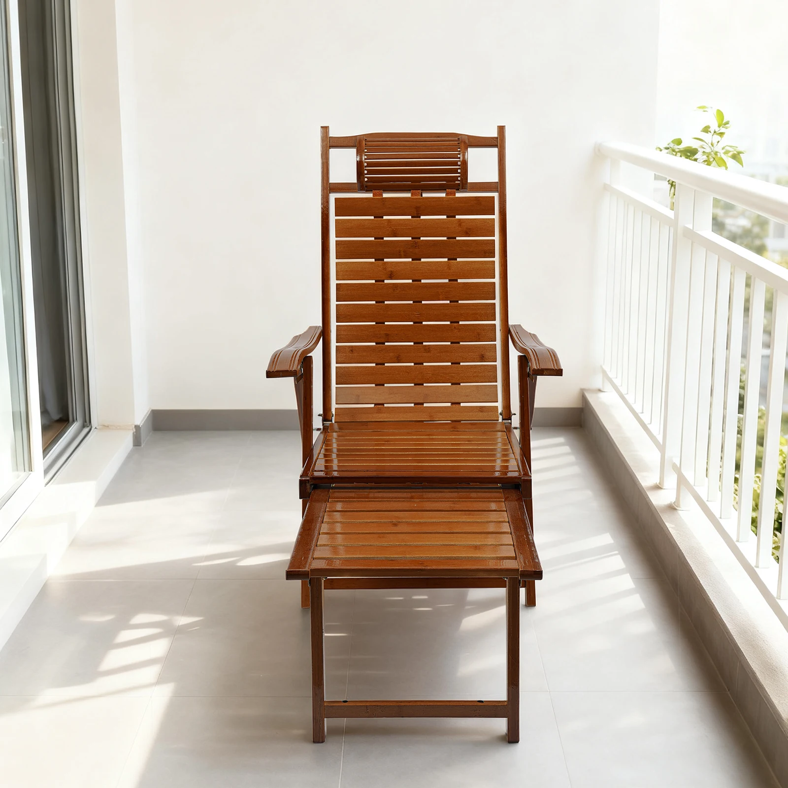 Bamboo Lounge Chair, Folding Reclining Chair with Adjustable Backrest, Folding Extended Lounge Chair with Cushion Patio Bedroom