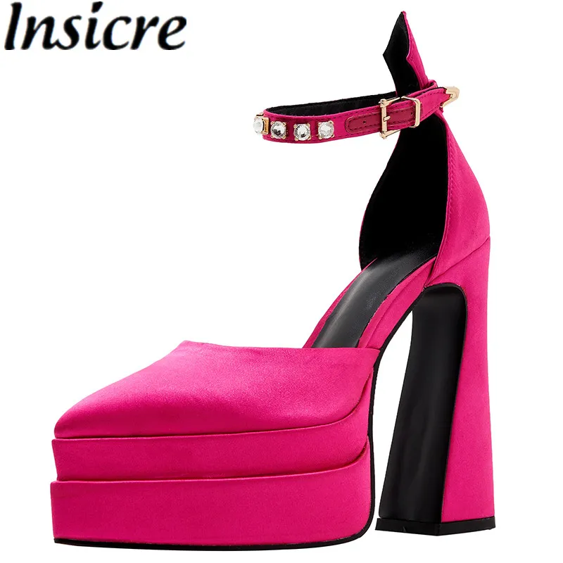 

Insicre 2022 Summer Fashion Women Sandals Platform Satin Pointed Toe Crystal Buckle High Heel Shoes Party Dress Top Quality
