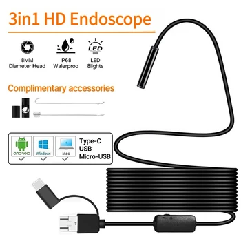 New Wired Mini Endoscope Camera 100w Pixel 8mm Lens for Android Type-C/USB Endoscope Waterproof LED Lighting Inspection Camera 1