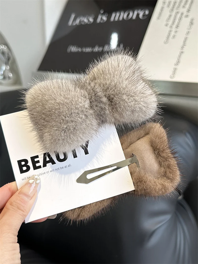 Hair Clips hair accessories Luxury Real Mink Fur Hair Larg Bowknot Hairpin Side Clip Net Red Cute Olush Fur Headdress Shiny Hair Scratch Accessories Gifts