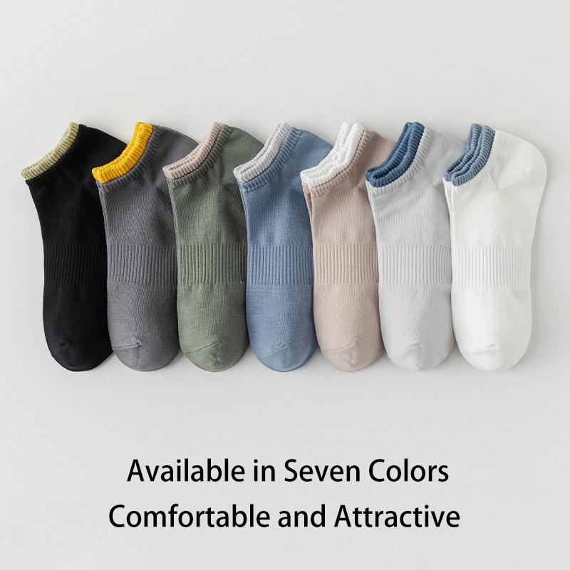 7 Pairs of Men's Spring and Autumn Pure Color Simple Double Ribbed Waistband Fashion college style summer breathable short Socks 2