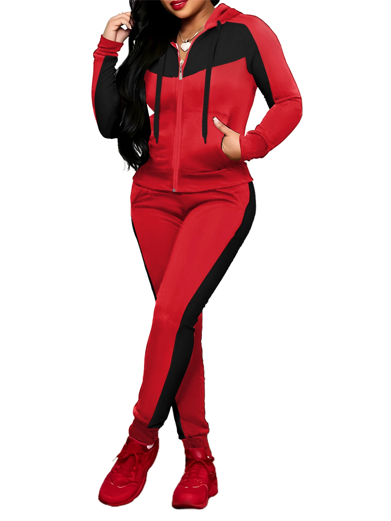Two-piece Set Women's Colorblock Zip UpHoodie & Pocket Pants, Casual Long SleeveHooded Sweatshirt & Jogger Pants for DailyWear, 2