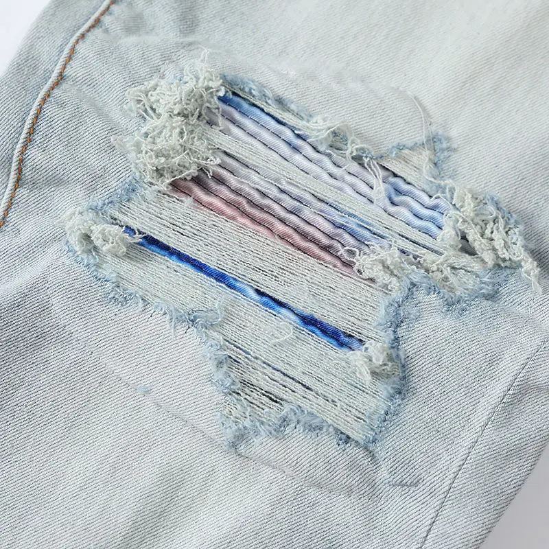 High Street Fashion Men's High Quality Jeans Vintage Light Blue Elastic Tight Jeans Men's Patch Designer Hip Hop Brand Pants