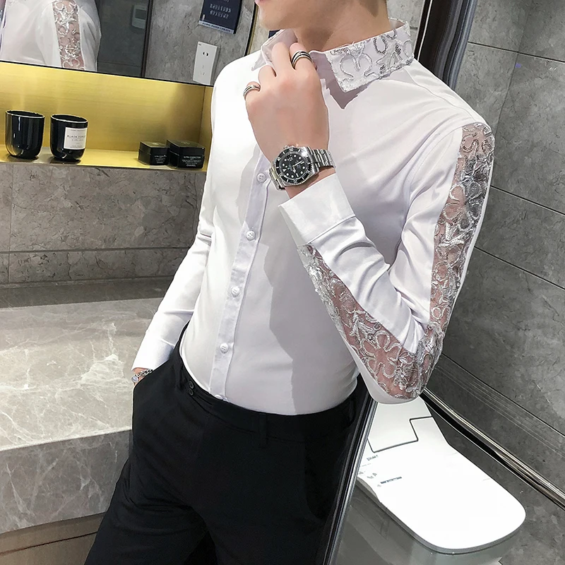 Chemise Homme moda Sexy encaje manga larga camisas elegantes para