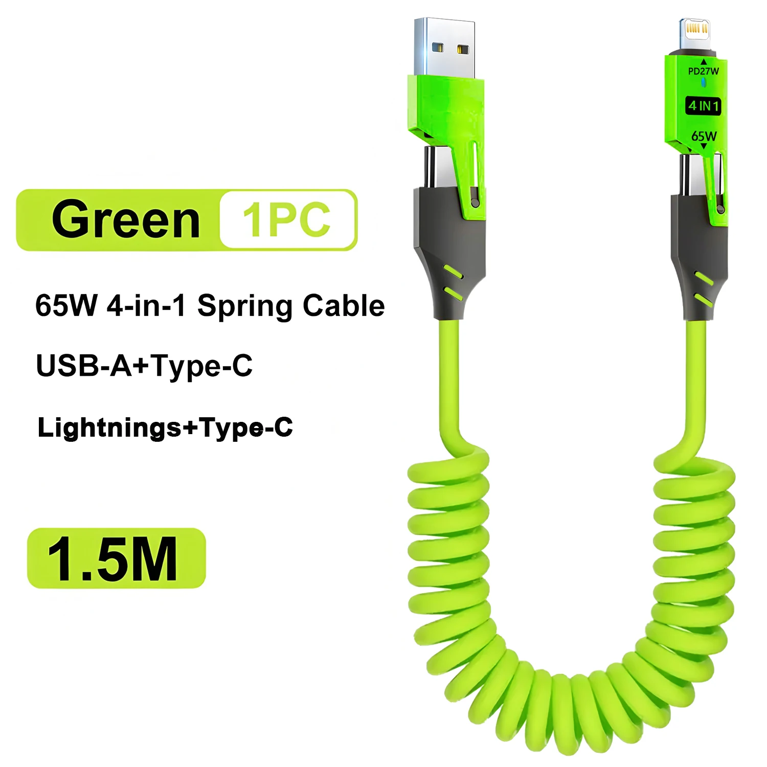 4-in-1 코일형 USB C 케이블 65W 고속 충전 PD 27W USB C to L/타입 C/USB A 케이블 충전기 (아이폰15 14 13 12 /아이패드 안드로이드용)