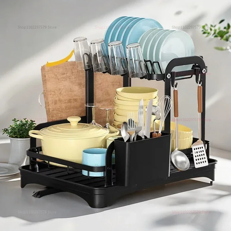 2 Tier Dish Bowl Drainer Storage Rack Kitchen Dish Drying Rack with Drain Basket Countertop Dinnerware Organizer Drainboard