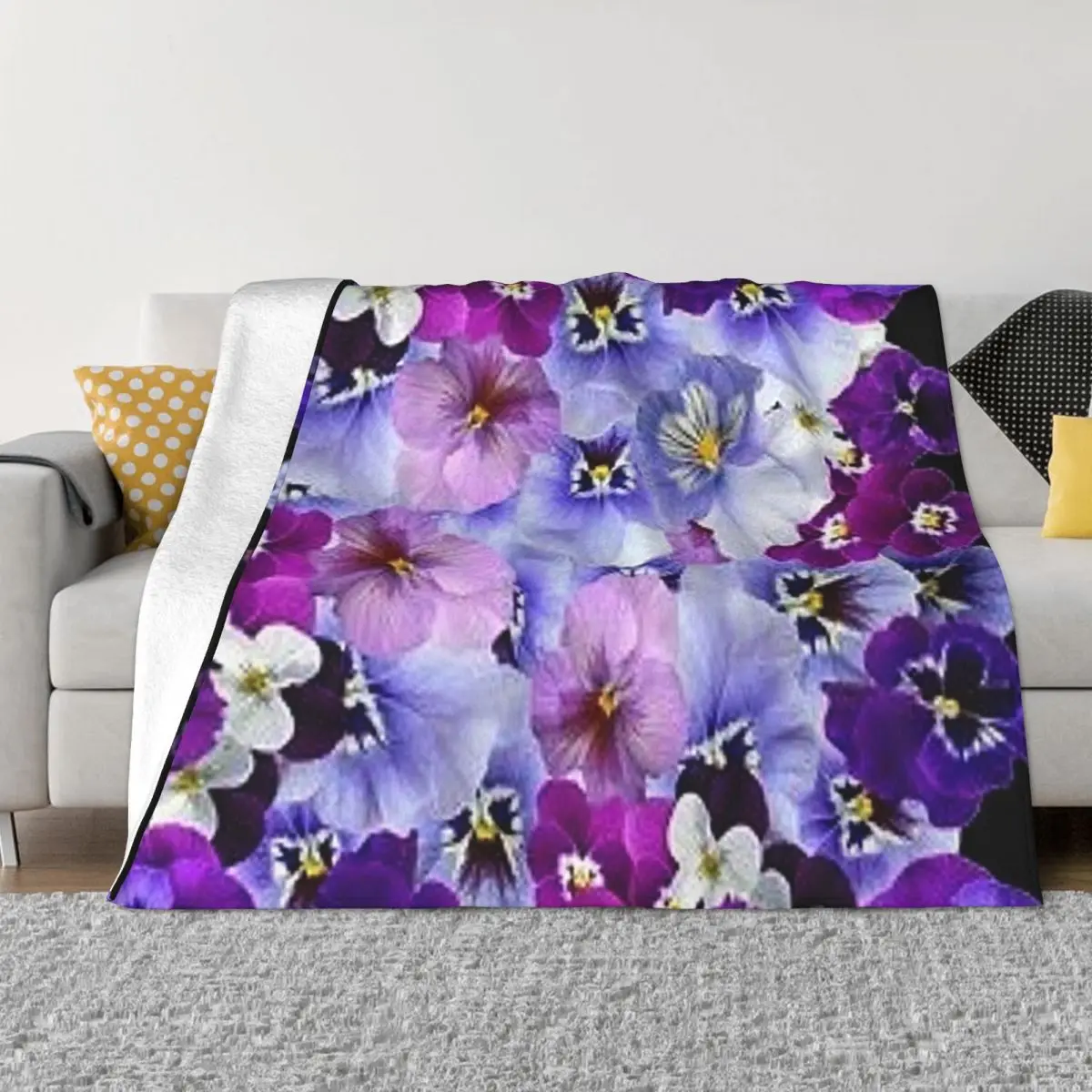 

SPRING PURPLE PANSY GARDEN ABSTRACT ART Throw Blanket Furry fluffy Blankets