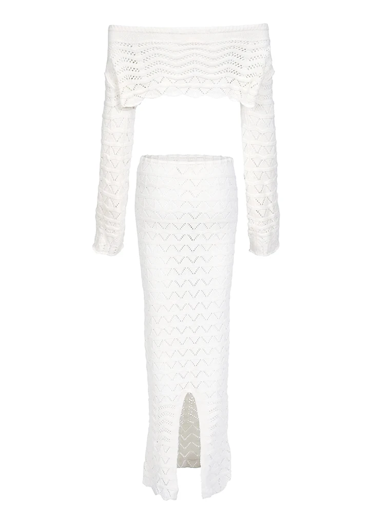Sexy Knit One-neck Long Sleeve Short Top Drawstring Half Skirt Beach Two-piece 2026 Women Summer Swimsuit Cover Up Chic Set K172 5