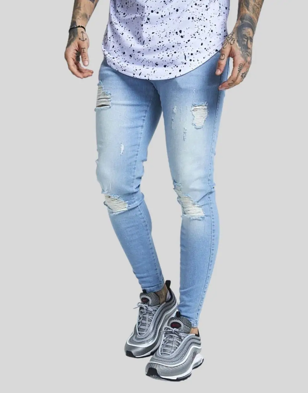 Celana Jeans Pria Biru Muda Distressed 