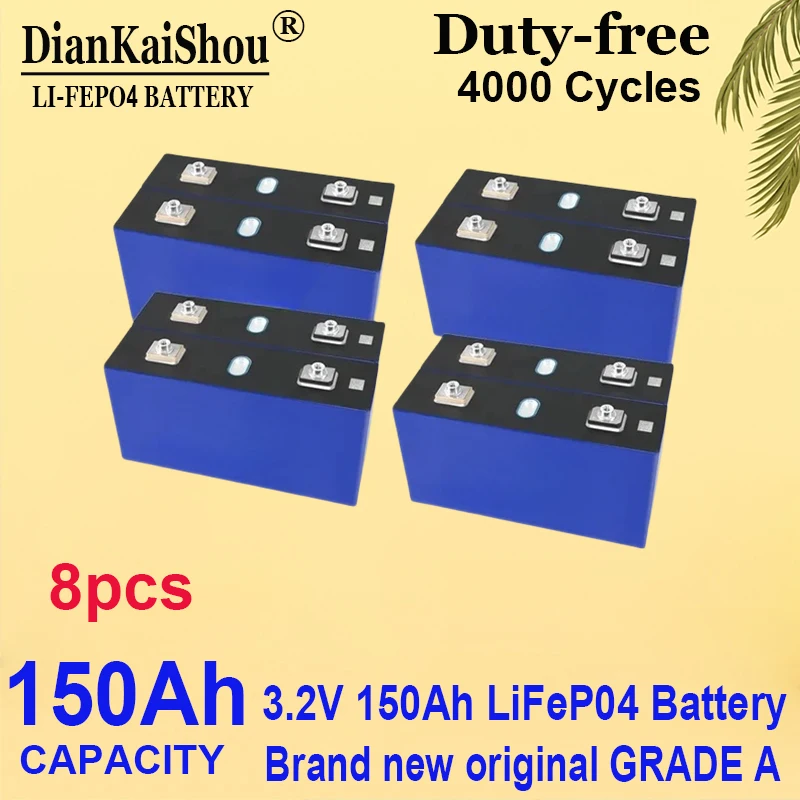 

8 pcs NEW 150AH LifePO4 Battery 3.2V 150AH Grade A 4000 Cycles 100% Capacity DIY 12V 24V 48V Cells for RV EV Solar System