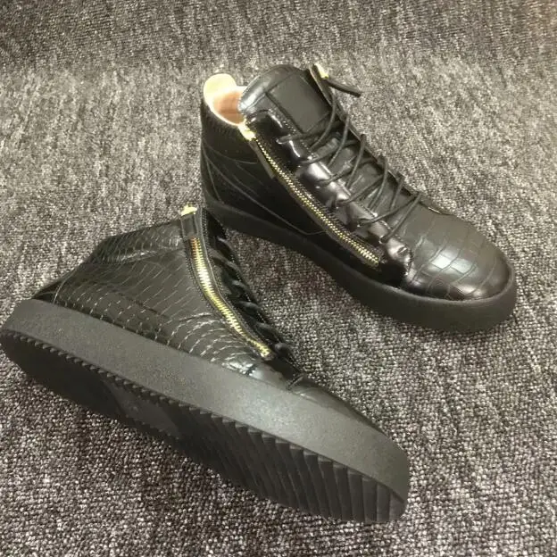 High Top Stone Pattern Men Loafer Leather Lace-Up Zipper Youth Sport Shoes Fashion Round Toe Flats Sneakers Man Black Color 5