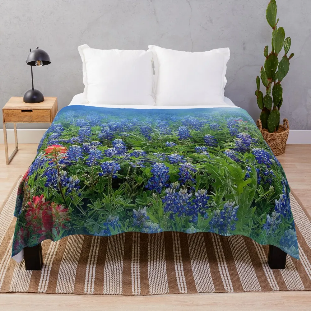 

Pretty BlueBonnets - Blue and Red Hill Country Flowers - Spring Botanical Florals Throw Blanket Bed linens Sofa Blankets