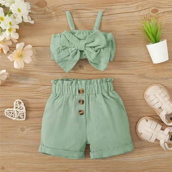 2PCS Baby Girl Clothing Set Infant Big Bow Sleeveless Suspender Top+Shorts Summer Fashion Outfit for Toddler Girl 3-24 Months 1