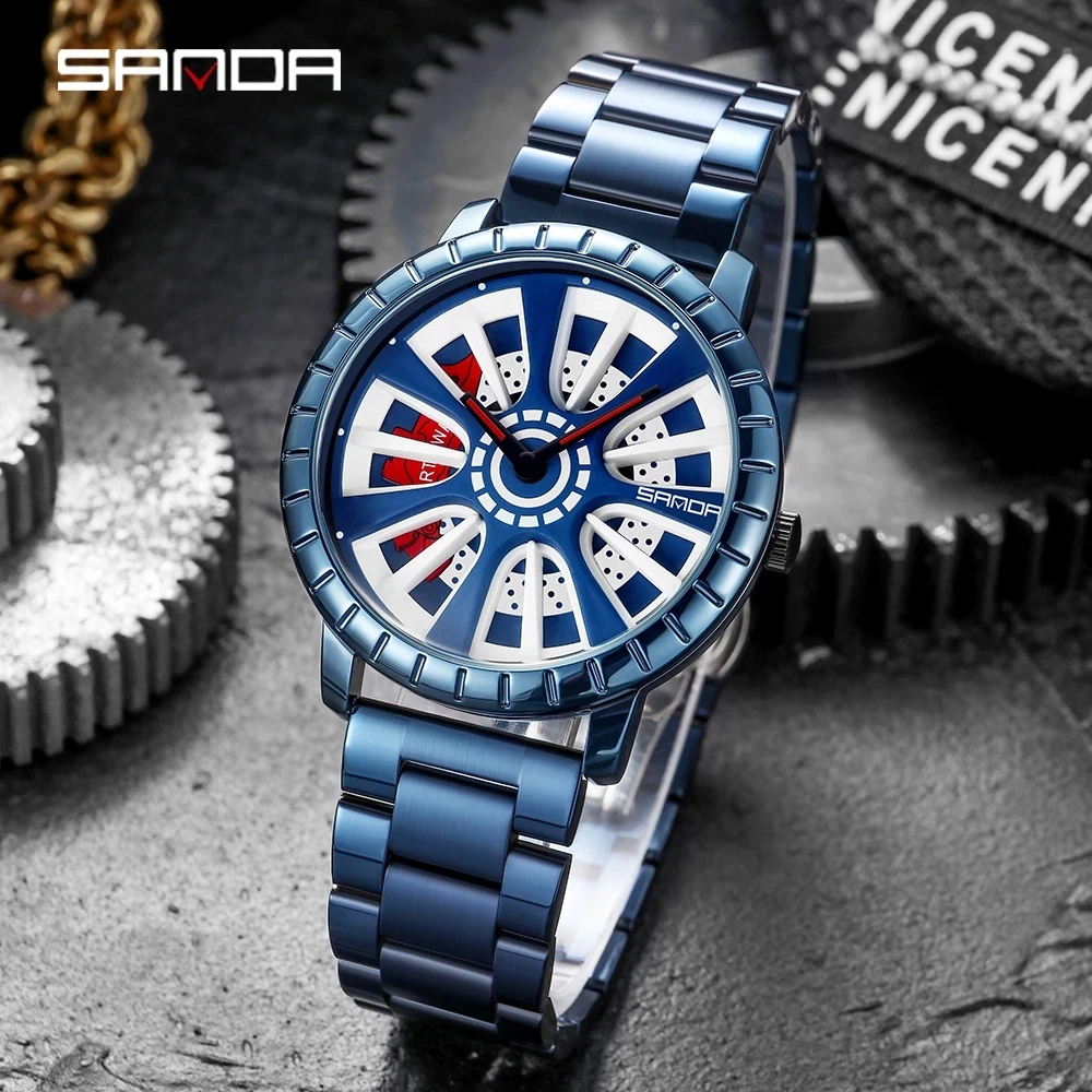 2023 New SANDA 1054 Fashion New Men Watch Unique Hollow out Wheel Dial Quartz Wristwatch Water Resistant Gifts Relogio Masculino