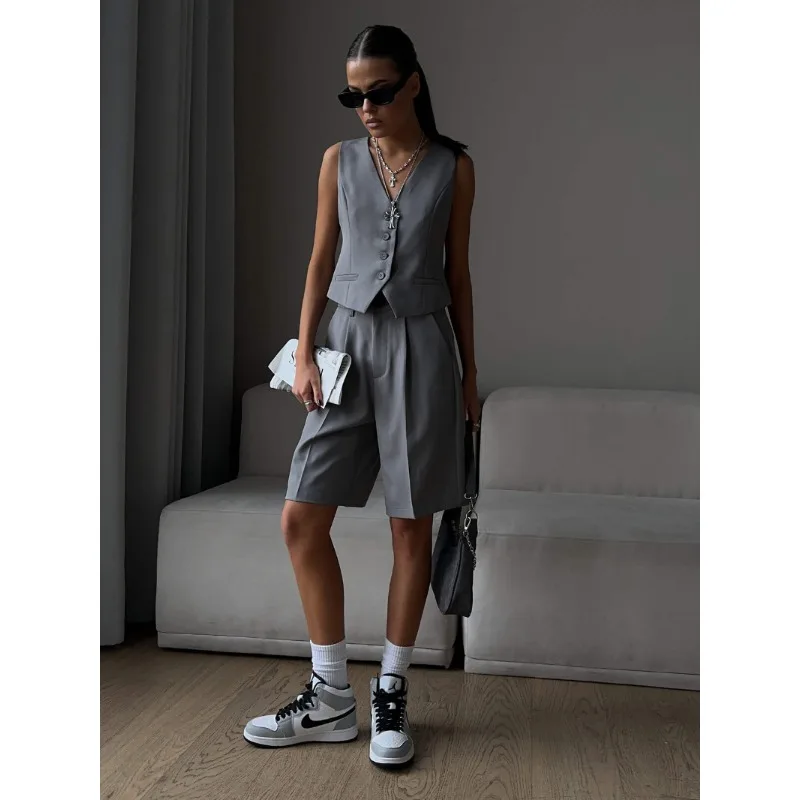 V-Neck Sleeveless Female 2 Piece-Set Casual Slim Straight Trousers Pocket Solid High Street Outfits Fashion Shorts Sets