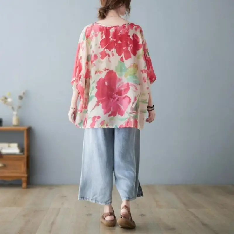 2024 Women's New Summer Pullovers Crew Neck Printed Korean Version Loose Versatile Casual Half Sleeve Commuter Chiffon Tops
