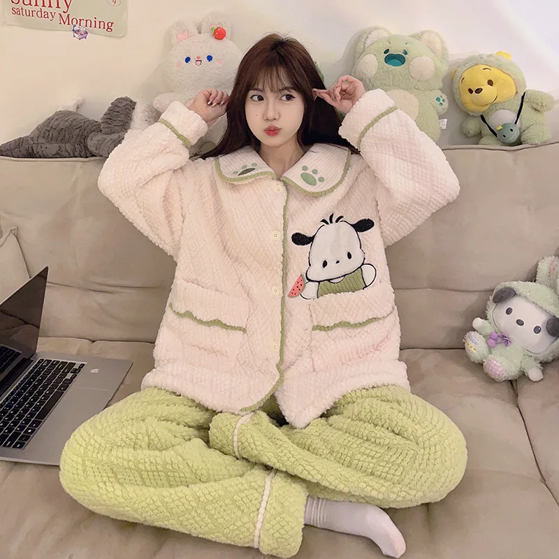 Sanrios Kawaii Anime Pochacco Plush Pajamas Suit Cartoon Homewear Sleepwear Set Winter Girl Thickening Cute Nightwear Warm Gift