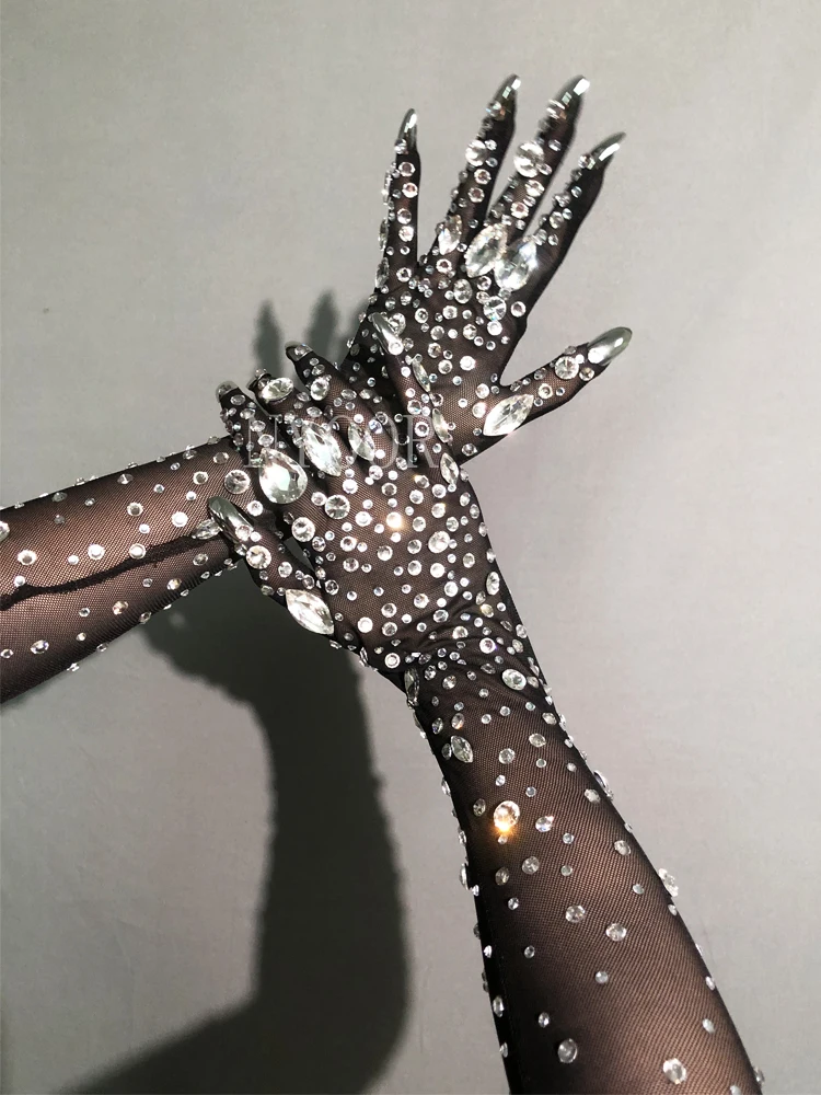 Mesh Gloves Shining Crystals Stones Long Mittens Rhinestones Stretch Transparent Bar Singer Party Stage Wear Accessories-rhinestones gloves