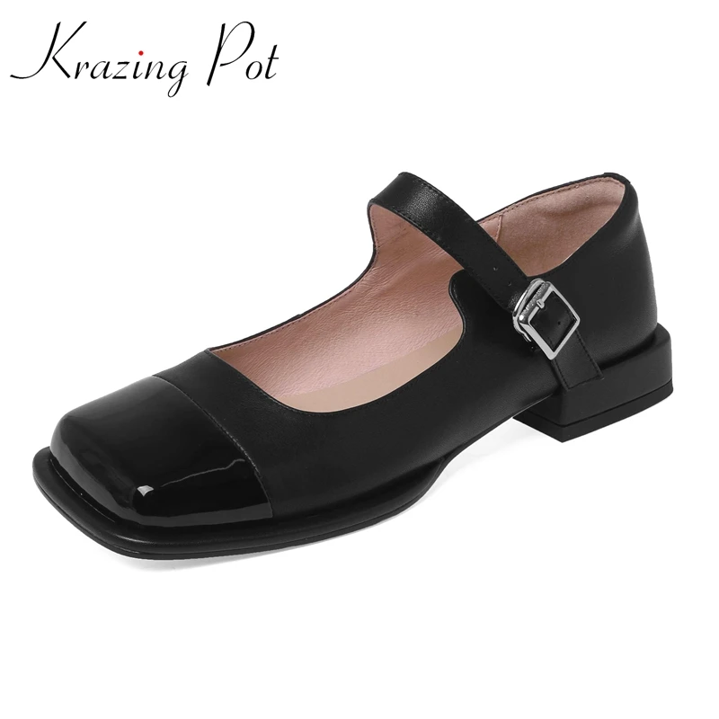 

Krazing Pot Genuine Leather Square Toe Low Heel Preppy Style Young Lady Daily Wear Shallow Fashion Buckle Strap Women Pumps L25