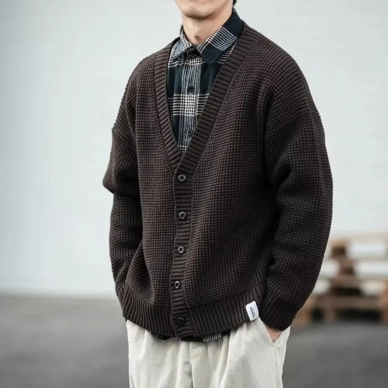 Korean Loose Vintage V-Neck Cardigan Sweater Men Spring Autumn New Solid Patchwork Button Pocket Knitted Jacket Long Sleeved Top