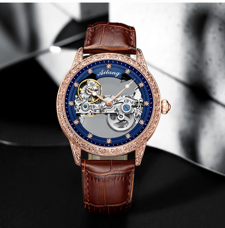 AILANG Orologio meccanico scheletrato da uomo con cinturino in pelle, impermeabile, trasparente, di lusso, automatico, tourbillon, orologi da uomo_voghion.com