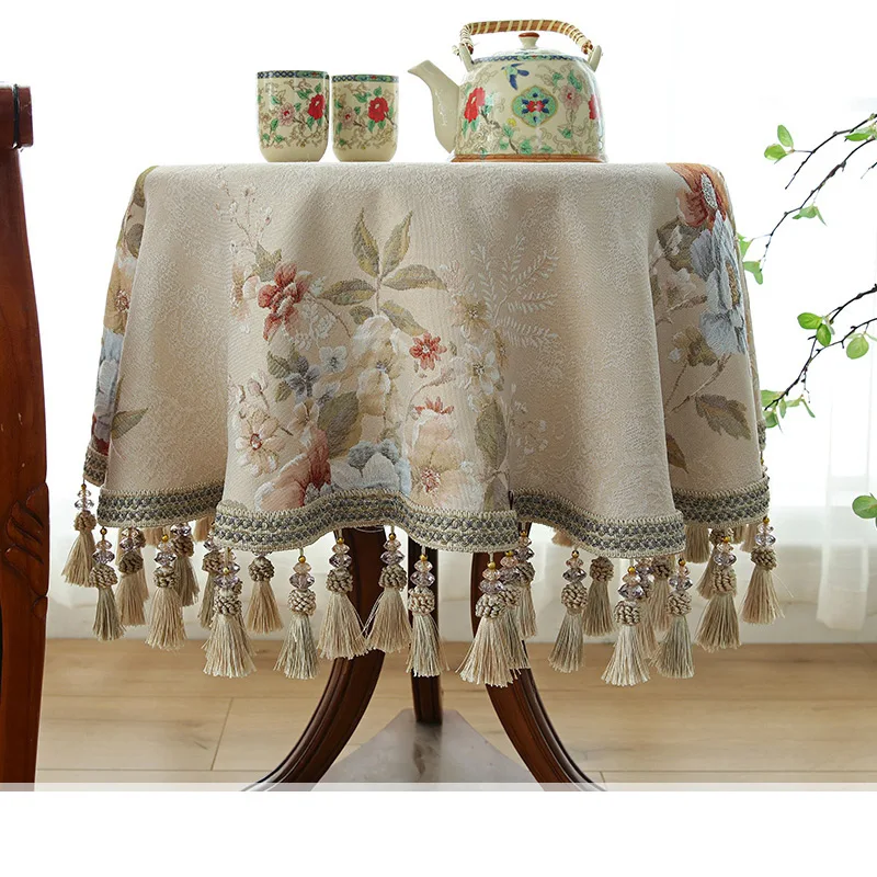ElegantFloralSmallBigRoundDiningTableCoverWithTasselsBeige