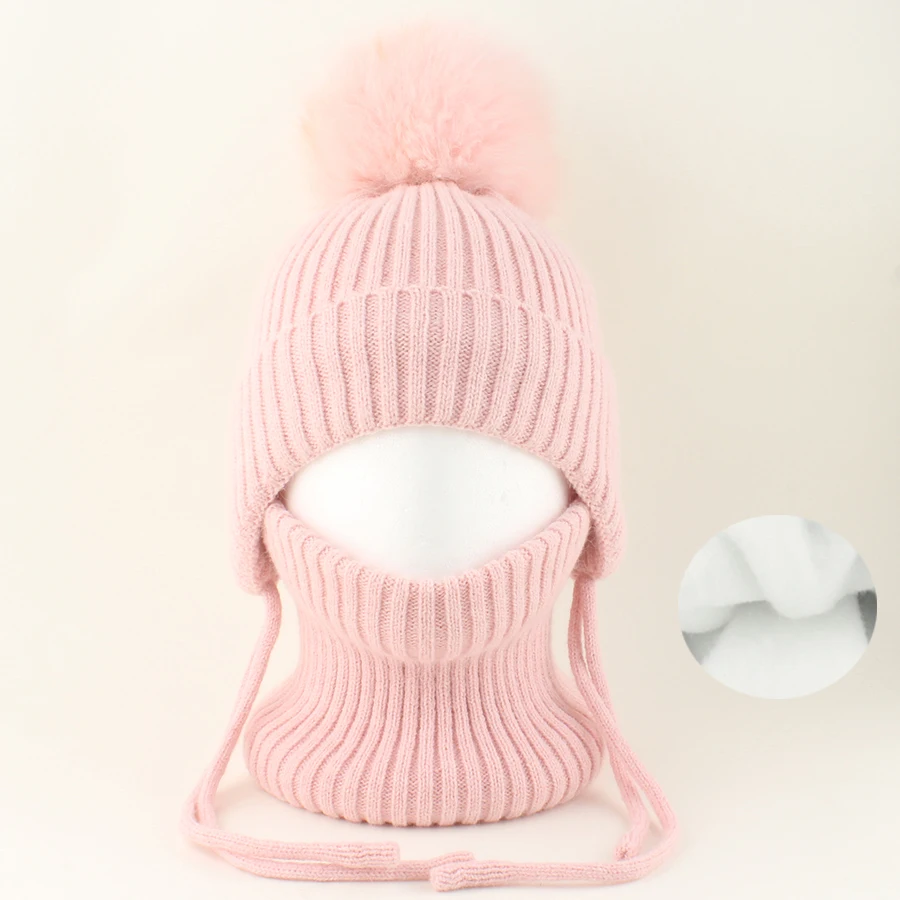 Baby Hut Hals Set Echt Waschbären Pelz Pompom Kinder Mädchen Junge Winter Warme Fleece futter Wolle Gestrickte Mützen Kinder Kappe Im Freien – Detail 20