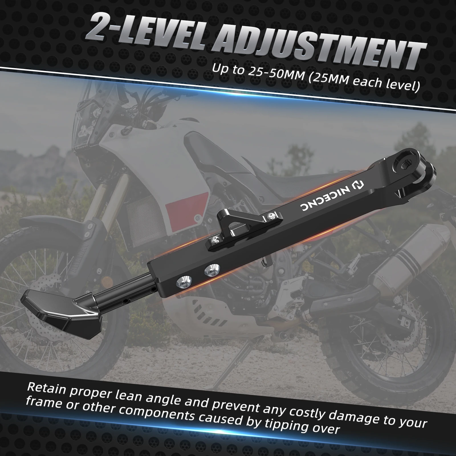 Béquille Latérale Réglable Pour Yamaha Tenere 700 (2019-2023) - Aluminium Anodisé Noir - Ajustable 0-3 Pouces - Plaque Anti-Enfoncement